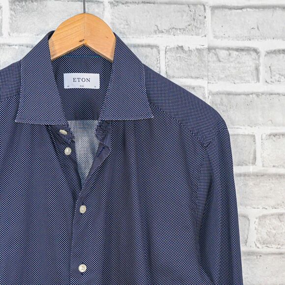 ETON Men's Slim fit Button up Shirt Navy with mini polka dots size 16 - Picture 1 of 5